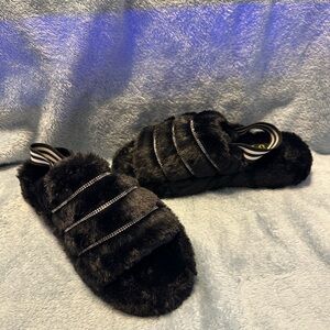 Black Furry Slippers / Shoe with Striped sling back